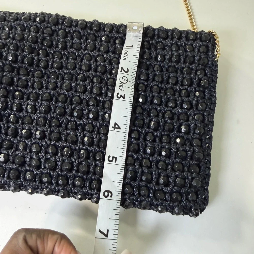 Fashion Imports Vintage Black Beaded Crochet Clutch Bag Gold Chain Made in Italy